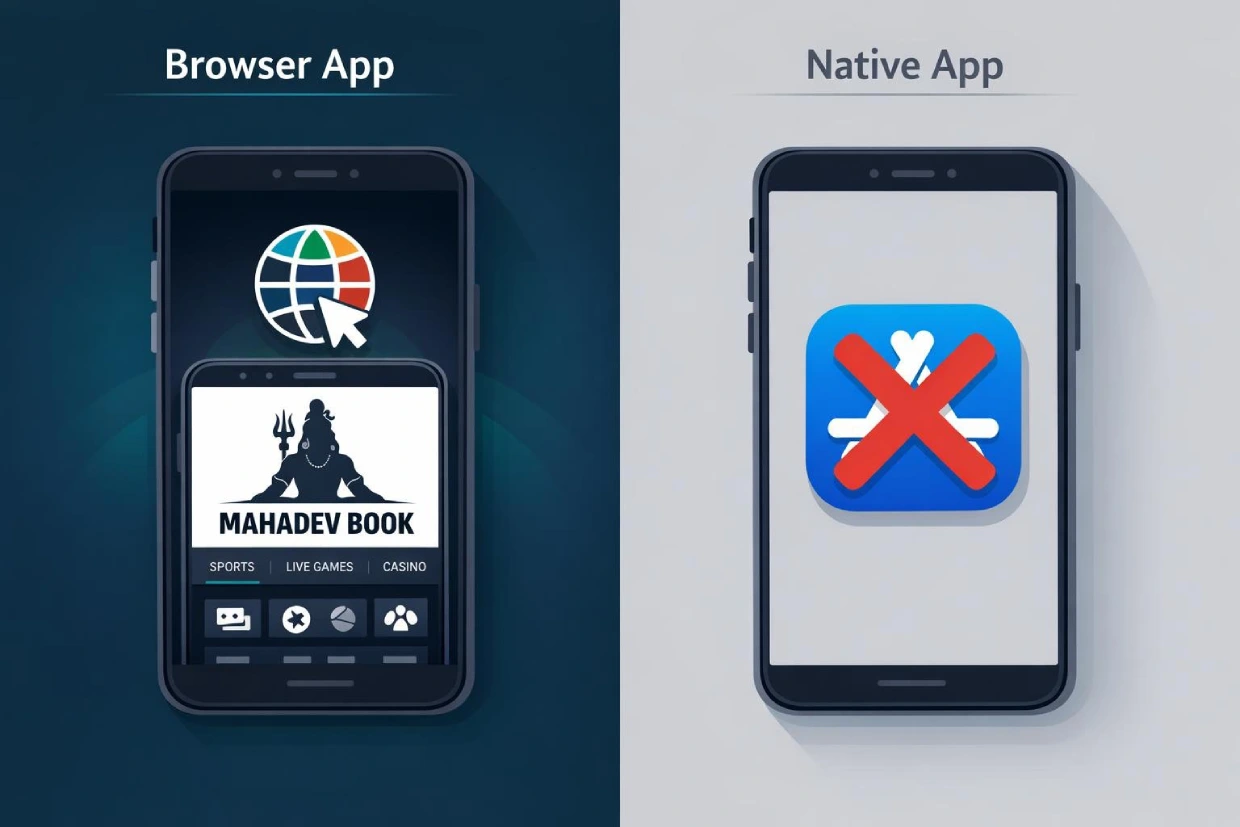 Mahadev Book browser app compared to traditional native app store downloads